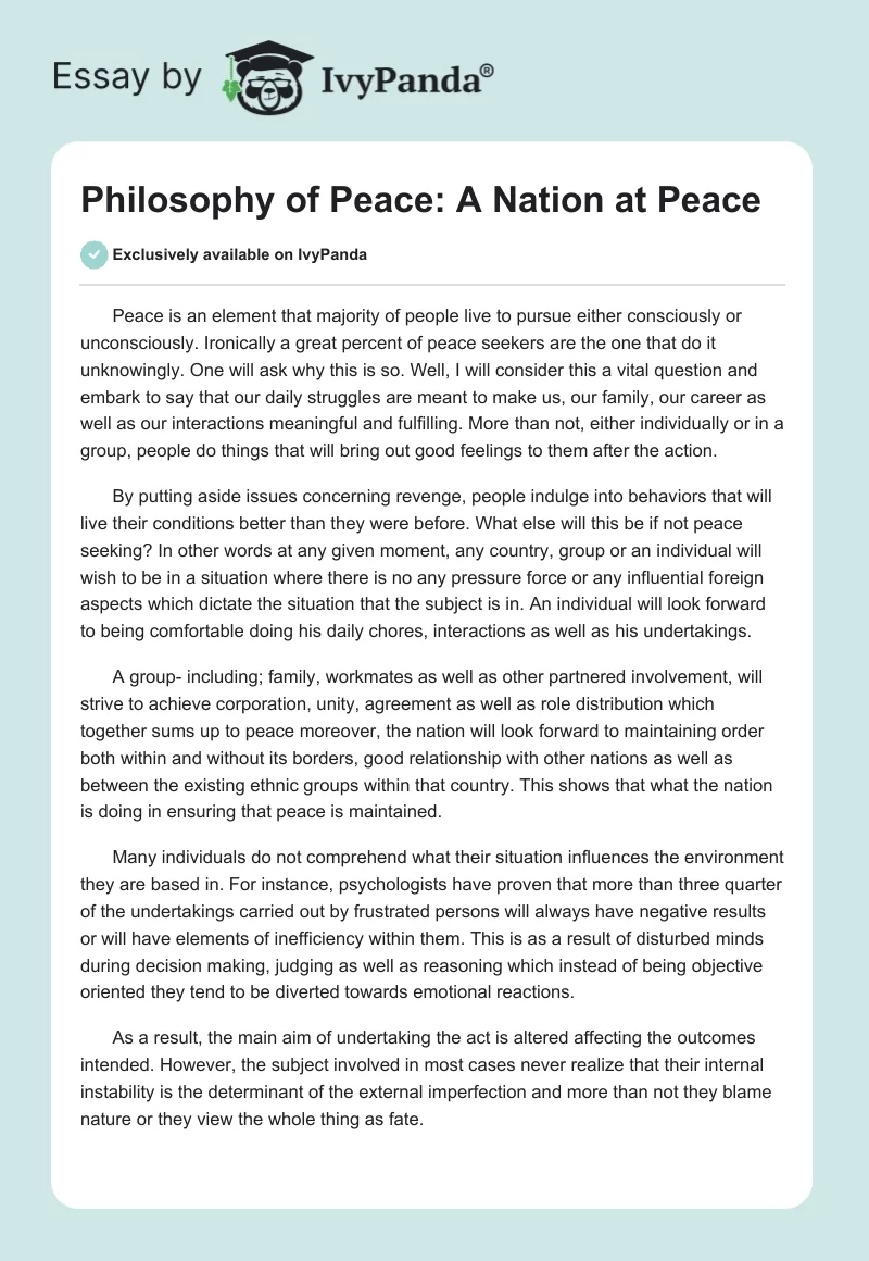 Philosophy of Peace: A Nation at Peace. Page 1