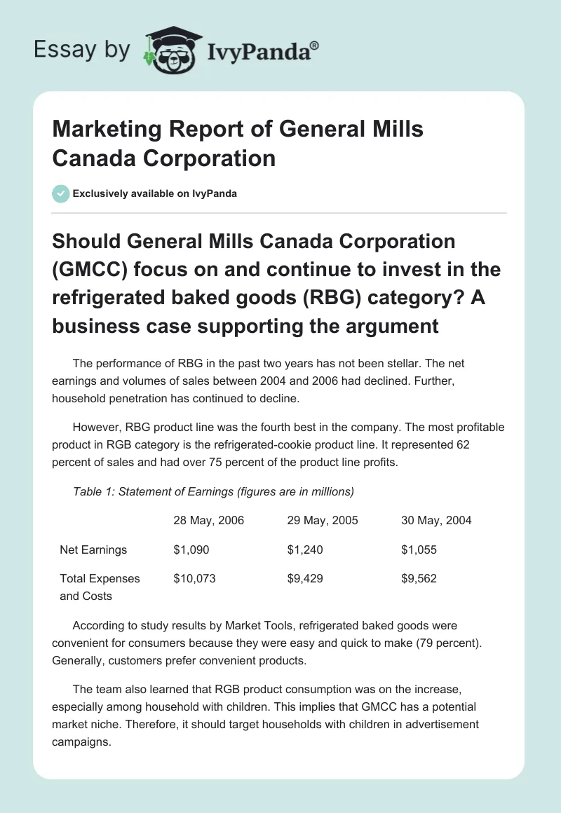 Marketing Report of General Mills Canada Corporation. Page 1