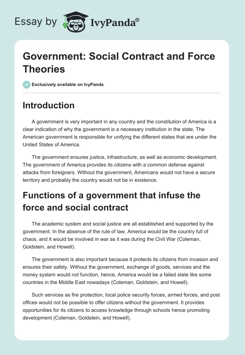 Government: Social Contract and Force Theories. Page 1