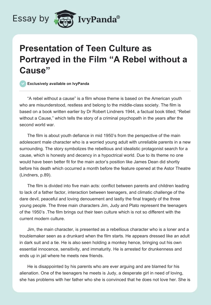 Presentation of Teen Culture as Portrayed in the Film “A Rebel Without a Cause”. Page 1