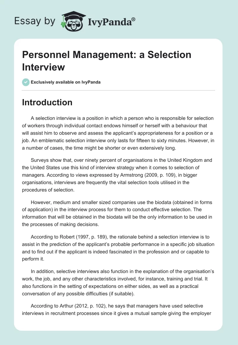 Personnel Management: a Selection Interview. Page 1