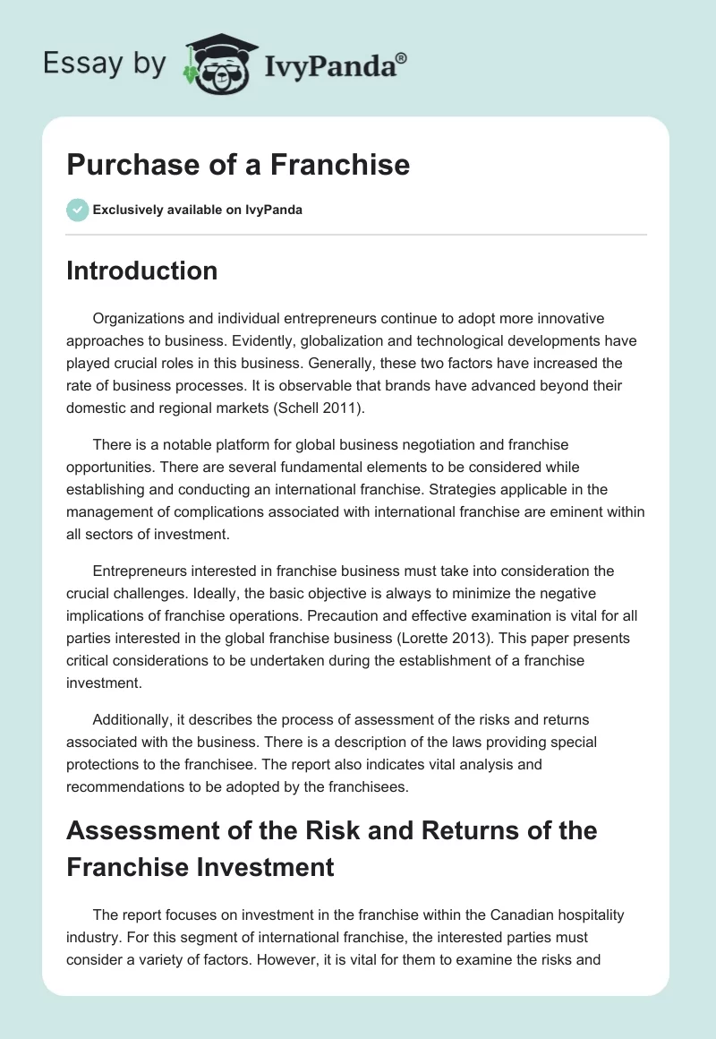 Purchase of a Franchise. Page 1