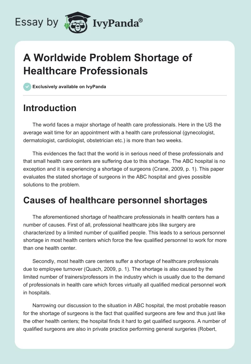 A Worldwide Problem Shortage of Healthcare Professionals. Page 1