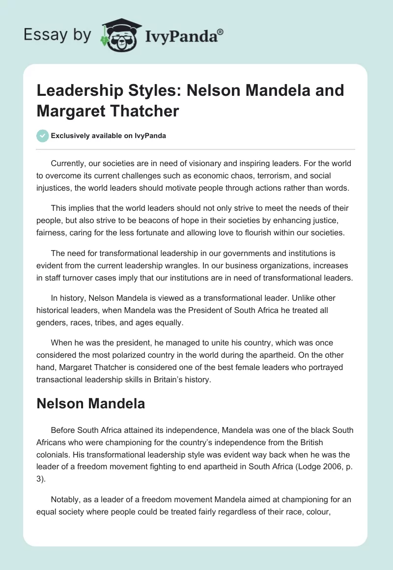 Leadership Styles: Nelson Mandela and Margaret Thatcher. Page 1