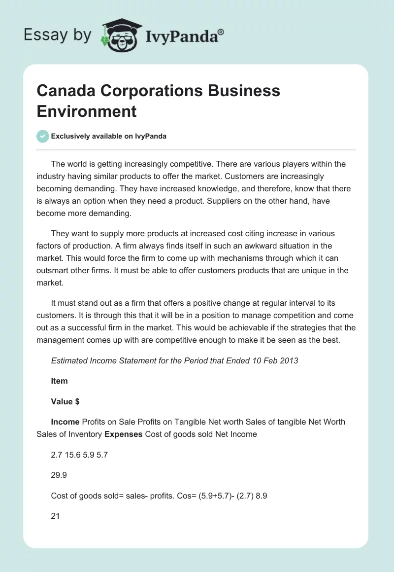 Canada Corporations Business Environment. Page 1