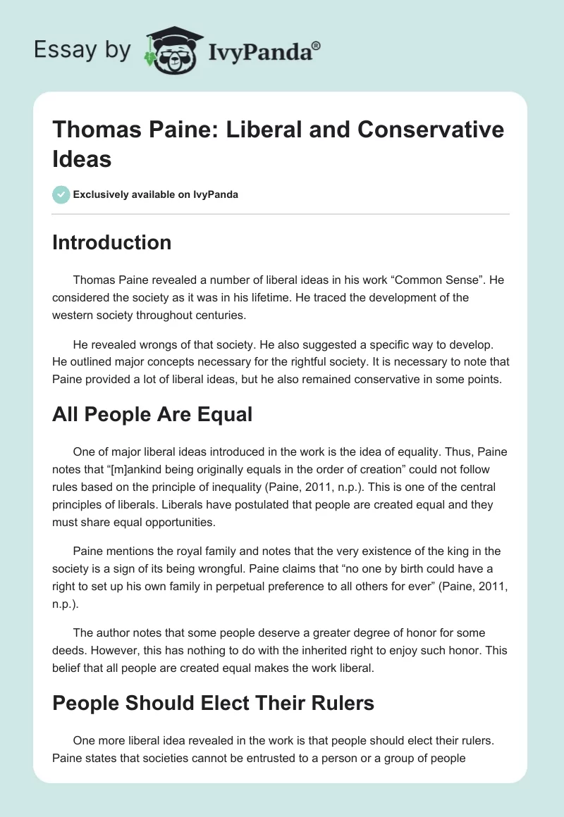 Thomas Paine: Liberal and Conservative Ideas. Page 1