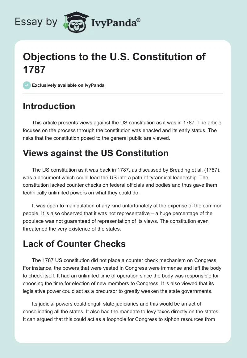 Objections to the U.S. Constitution of 1787. Page 1