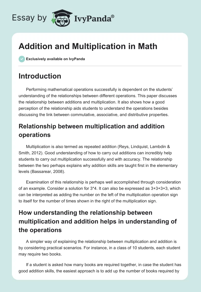 Addition and Multiplication in Math. Page 1