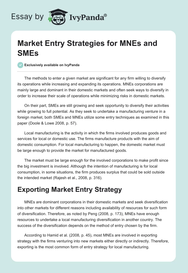 Market Entry Strategies for MNEs and SMEs. Page 1