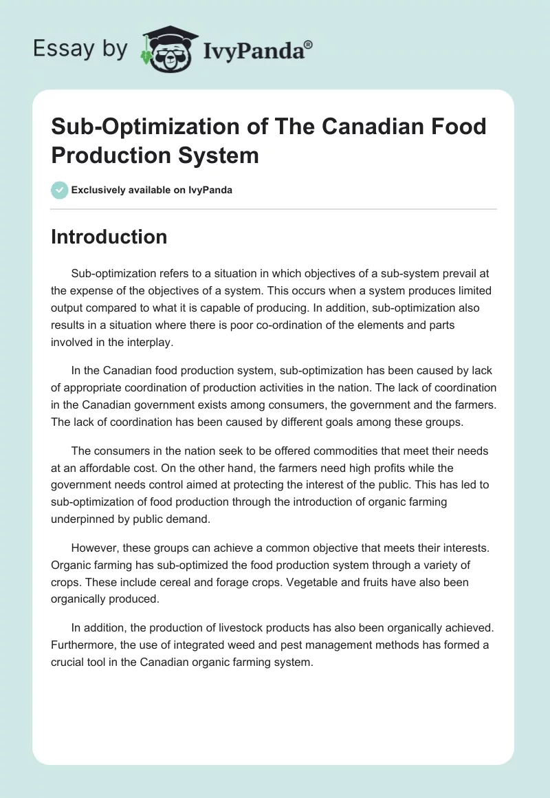Sub-Optimization of The Canadian Food Production System. Page 1