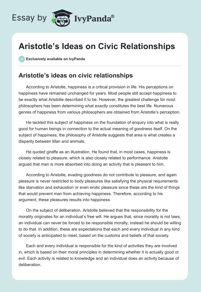 Aristotle’s Ideas on Civic Relationships. Page 1