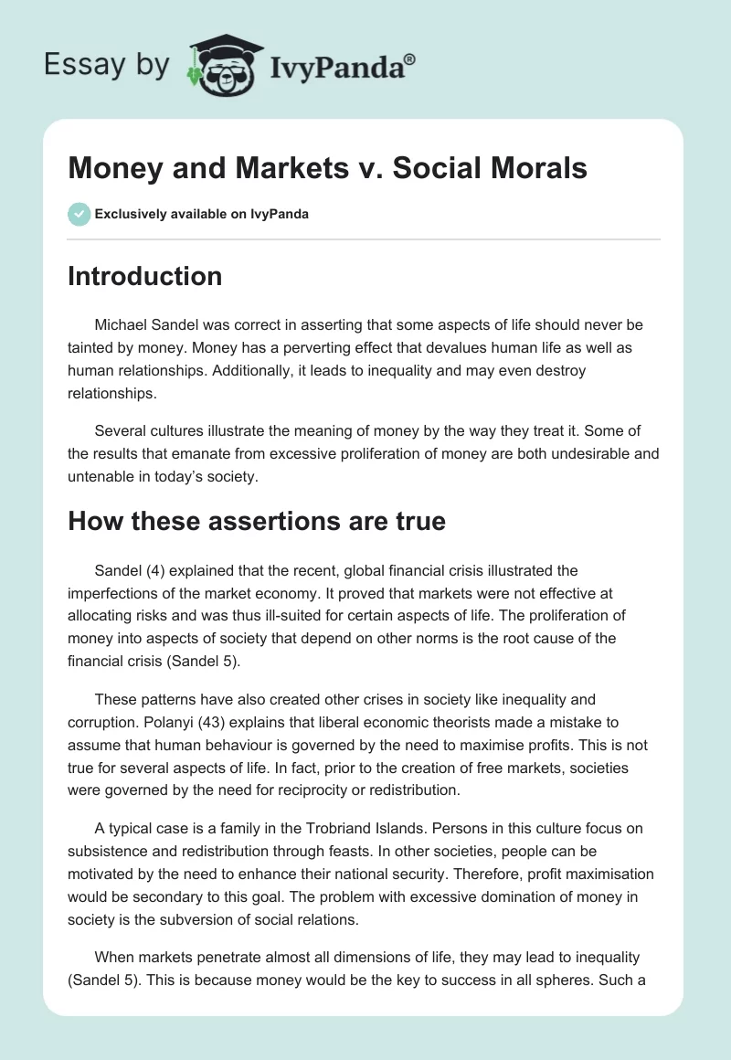 Money and Markets vs. Social Morals. Page 1