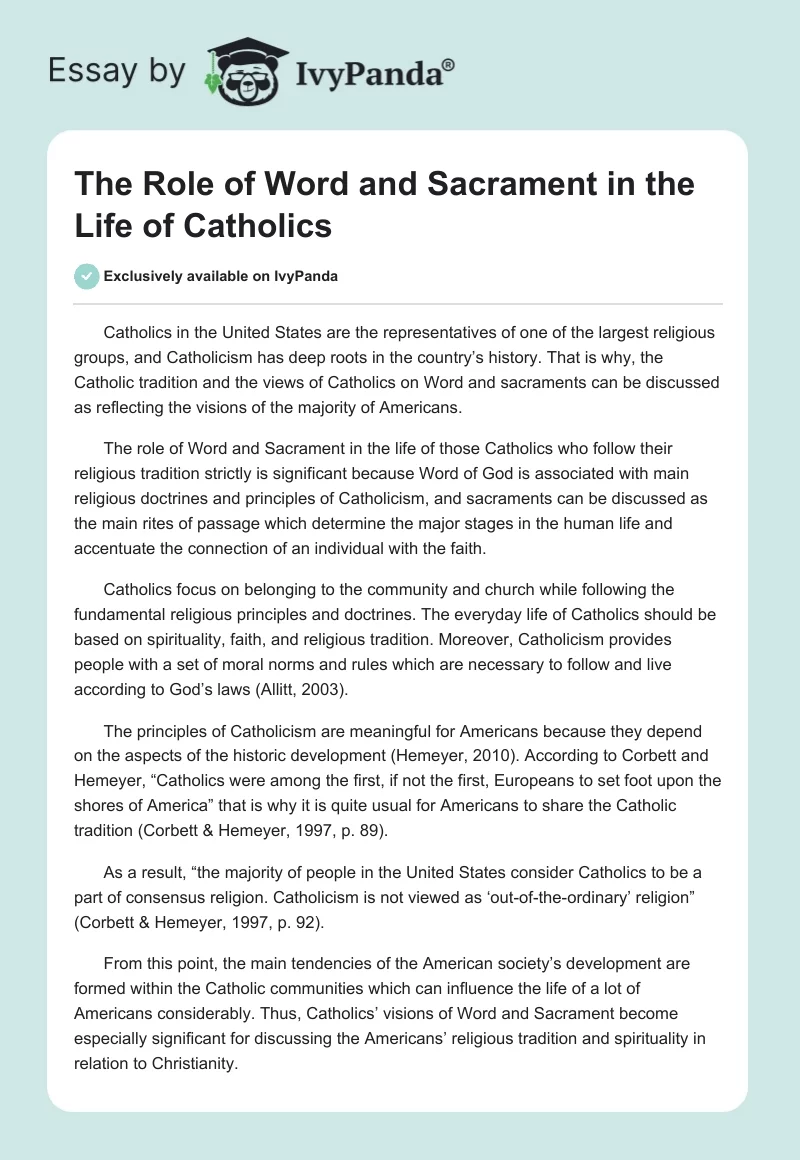 The Role of Word and Sacrament in the Life of Catholics. Page 1