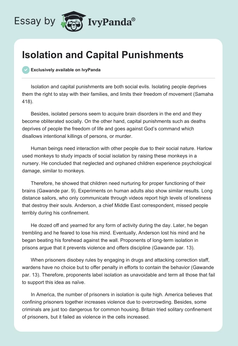 Isolation and Capital Punishments. Page 1