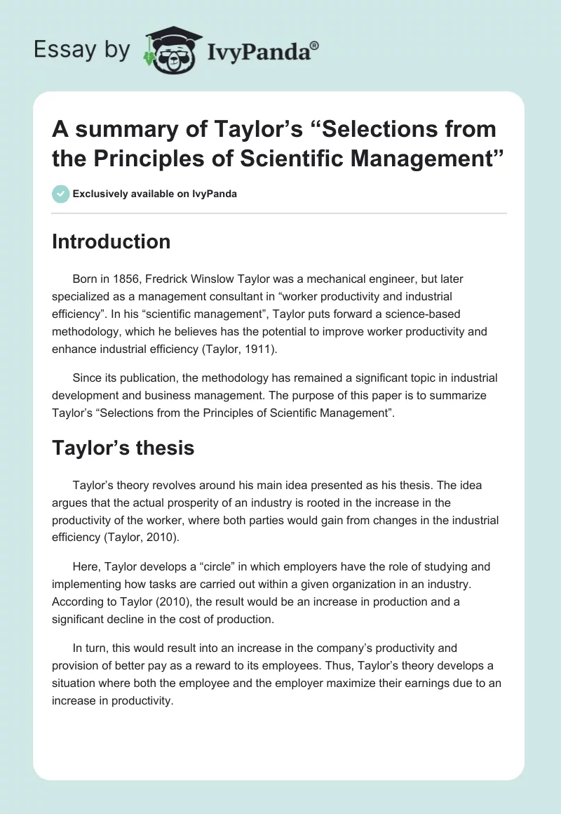 A summary of Taylor’s “Selections from the Principles of Scientific Management”. Page 1