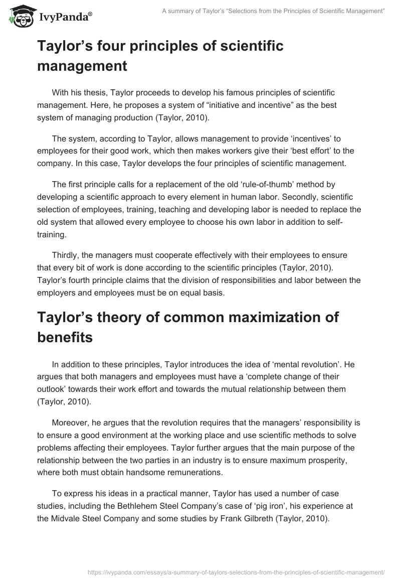 A summary of Taylor’s “Selections from the Principles of Scientific Management”. Page 2