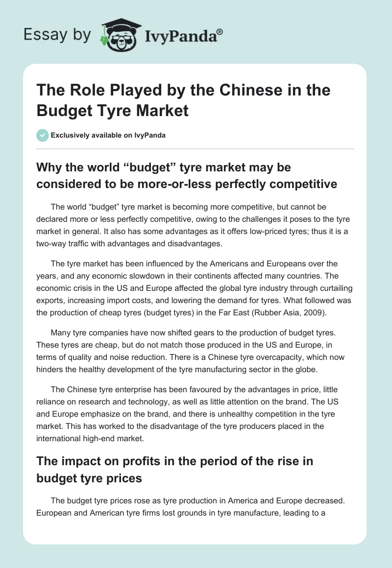 The Role Played by the Chinese in the Budget Tyre Market. Page 1