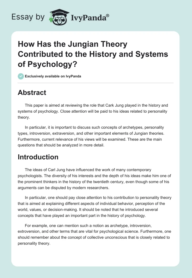 How Has the Jungian Theory Contributed to the History and Systems of Psychology?. Page 1