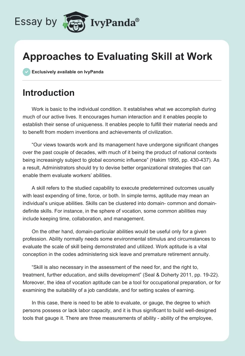 Approaches to Evaluating Skill at Work. Page 1