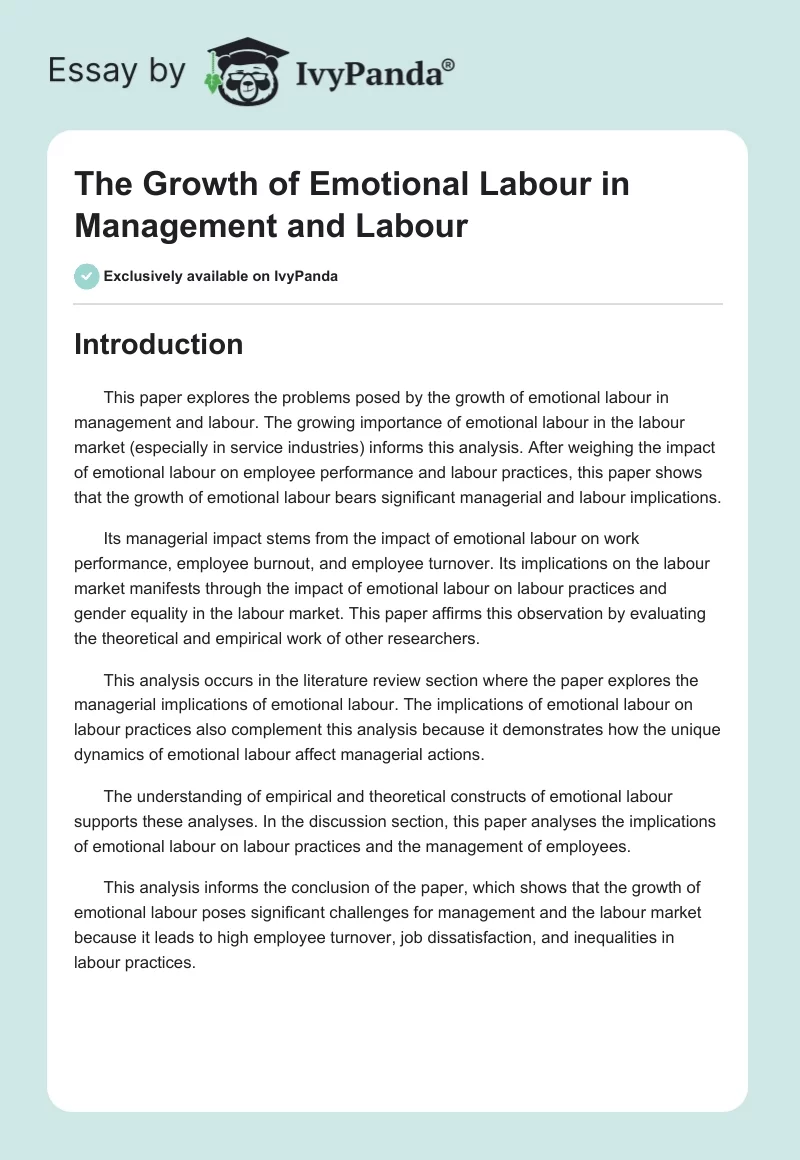 The Growth of Emotional Labour in Management and Labour. Page 1