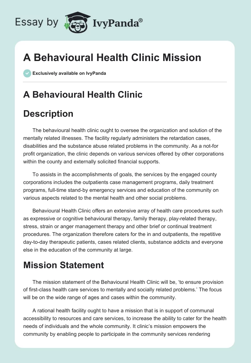 A Behavioural Health Clinic Mission. Page 1