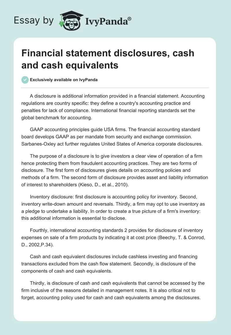 Financial statement disclosures, cash and cash equivalents. Page 1