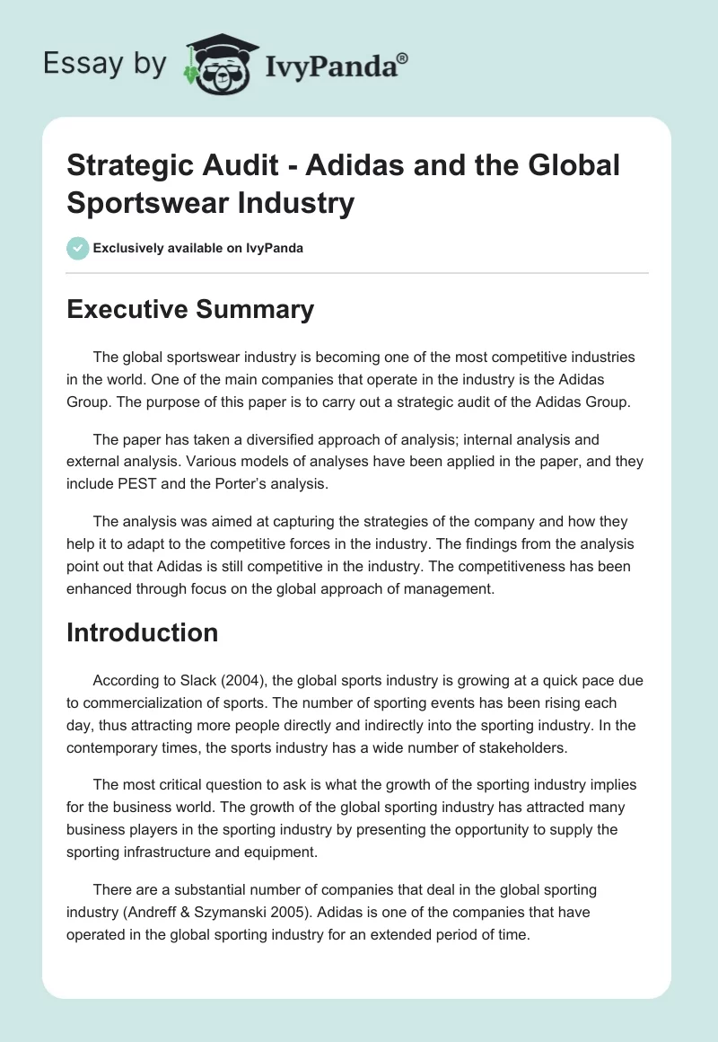 Strategic Audit - Adidas and the Global Sportswear Industry. Page 1