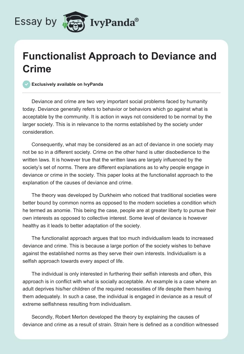 Functionalist Approach to Deviance and Crime. Page 1