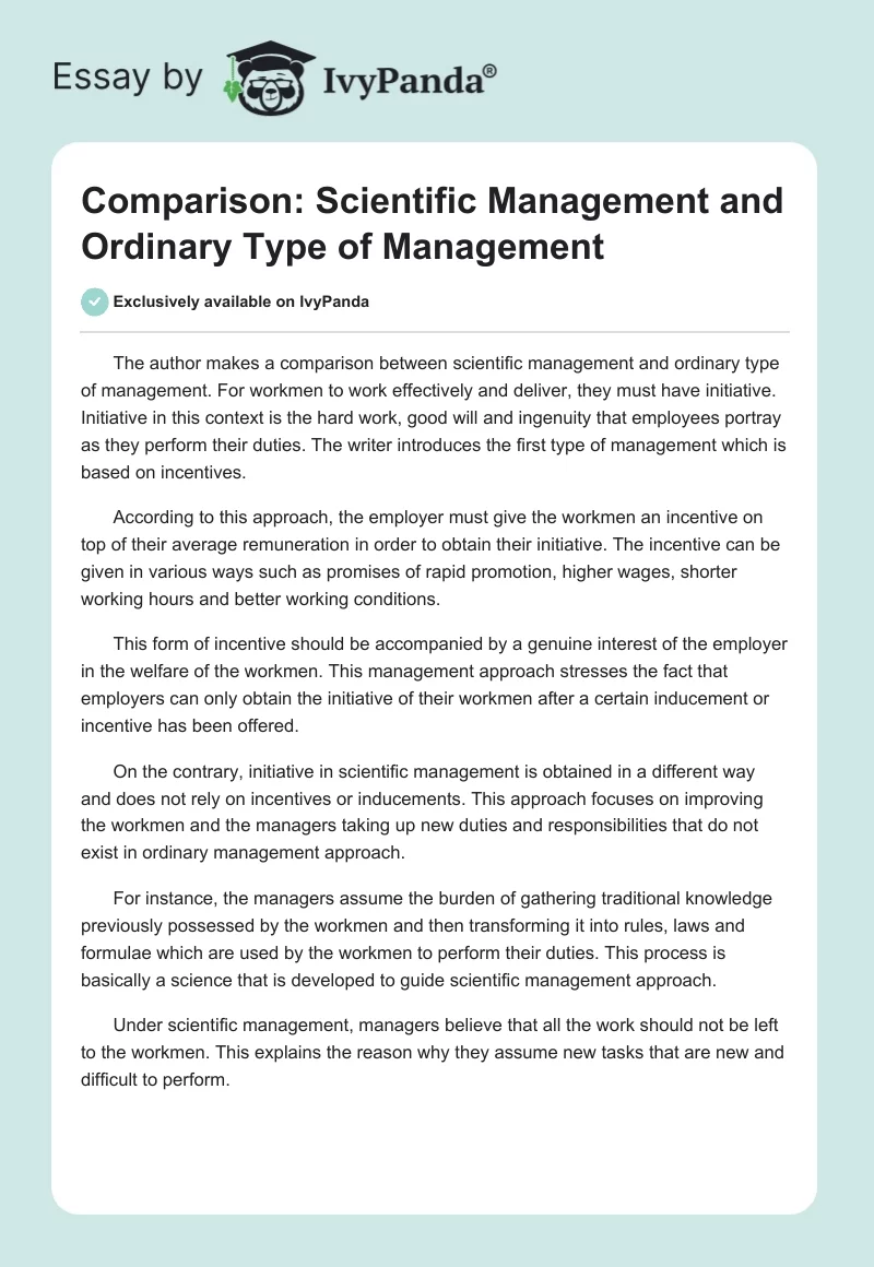 Comparison: Scientific Management and Ordinary Type of Management. Page 1