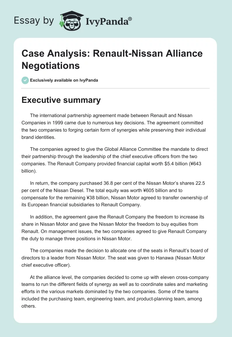 Case Analysis: Renault-Nissan Alliance Negotiations. Page 1