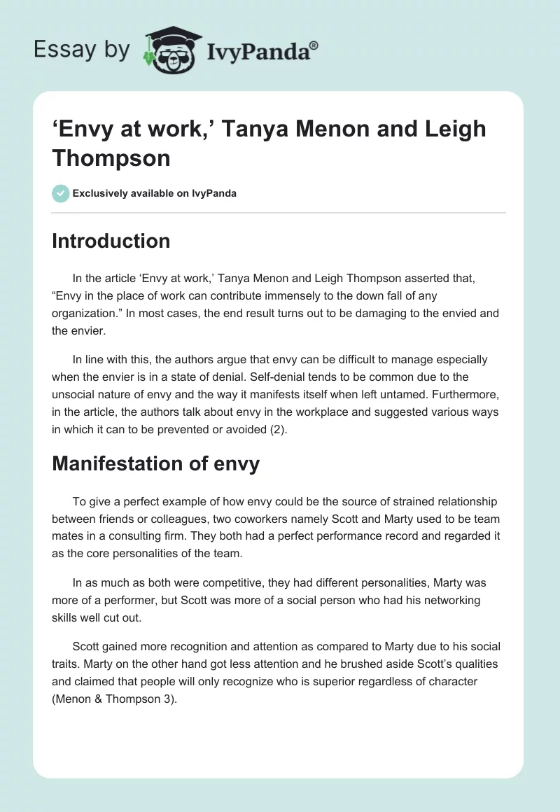 ‘Envy at work,’ Tanya Menon and Leigh Thompson. Page 1