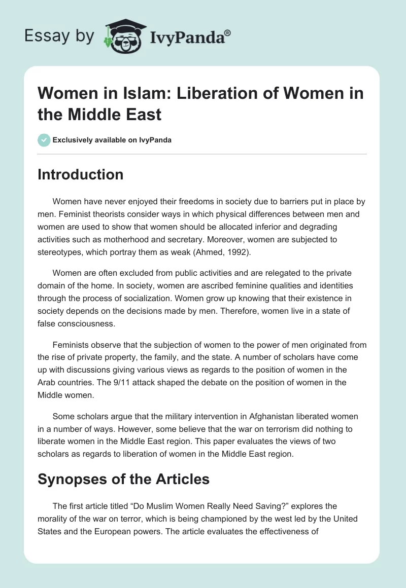 Women in Islam: Liberation of Women in the Middle East. Page 1