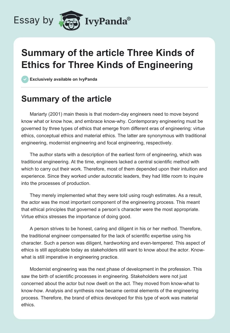 Summary of the article Three Kinds of Ethics for Three Kinds of Engineering. Page 1