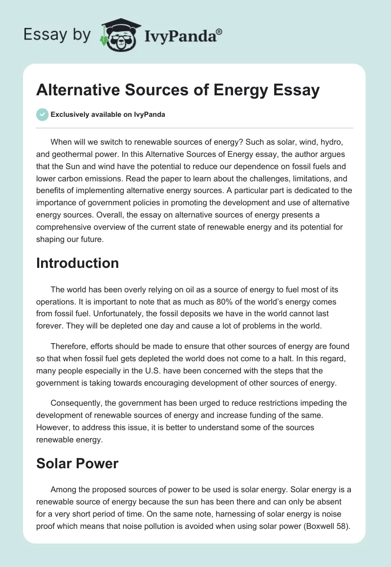 essay on benefits of alternative energy sources