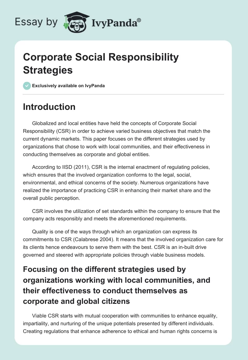 Corporate Social Responsibility Strategies. Page 1