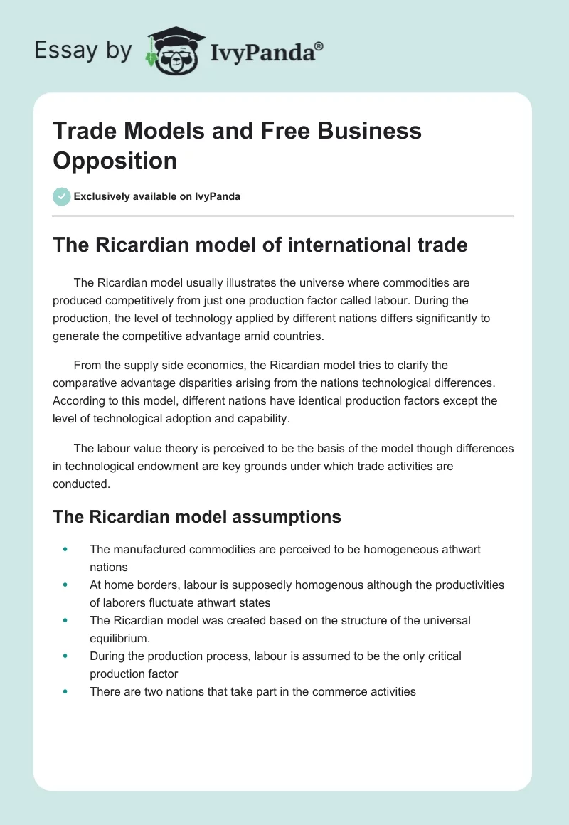 Trade Models and Free Business Opposition. Page 1