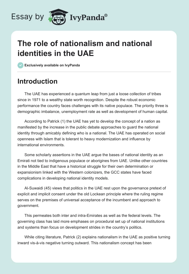 The Role of Nationalism and National Identities in the Uae. Page 1