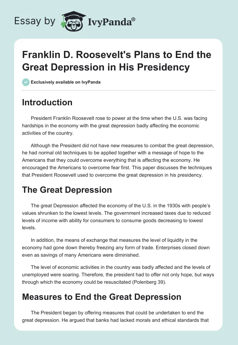 Franklin D. Roosevelt's Plans to End the Great Depression in His Presidency. Page 1