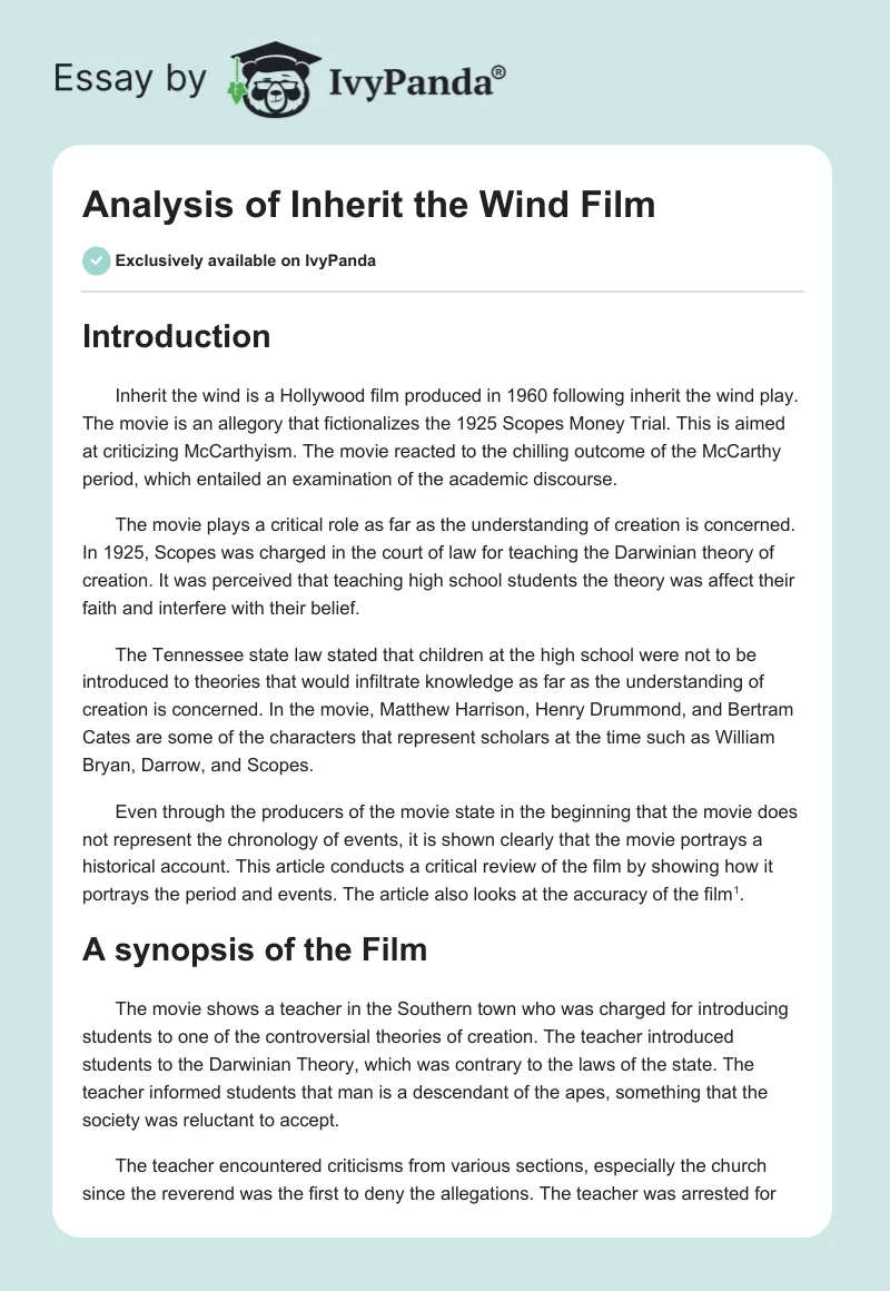 Analysis of Inherit the Wind Film. Page 1