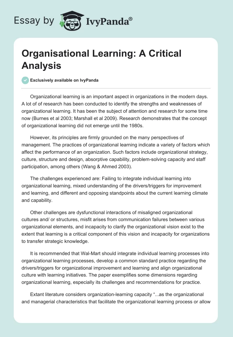 Organisational Learning: A Critical Analysis. Page 1