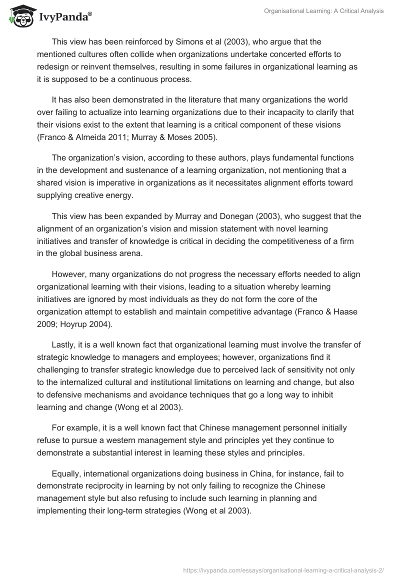 Organisational Learning: A Critical Analysis. Page 5