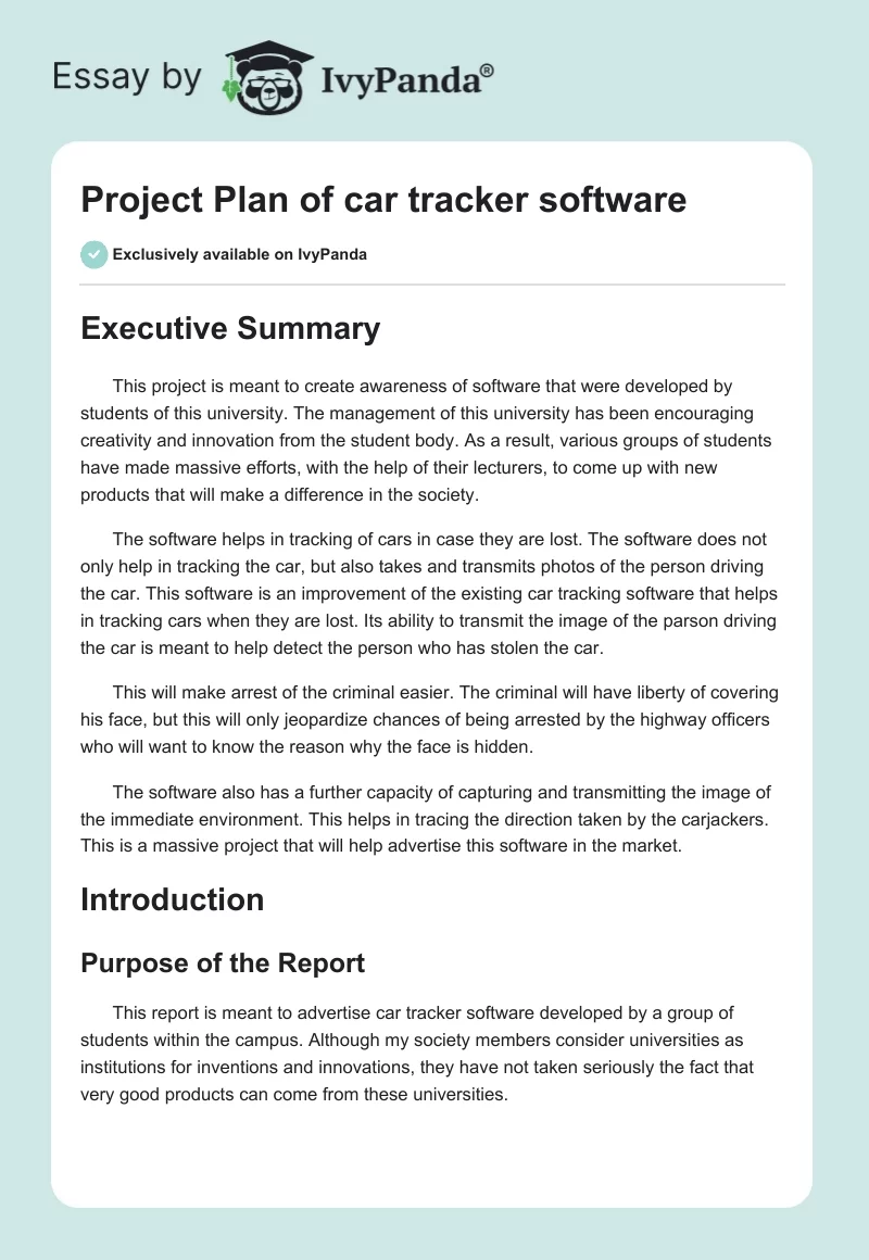 Project Plan of Car Tracker Software. Page 1