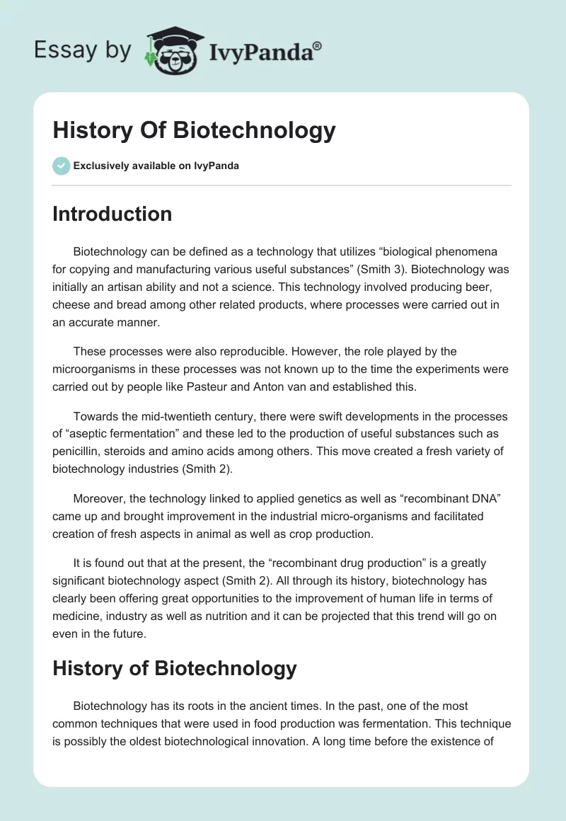 History Of Biotechnology. Page 1