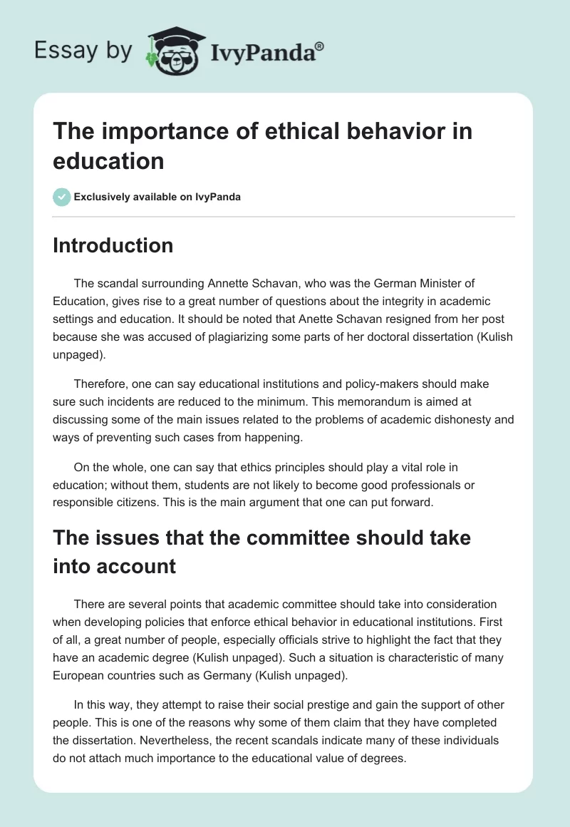 The importance of ethical behavior in education. Page 1