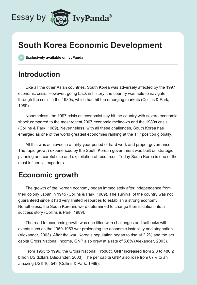 South Korea Economic Development. Page 1