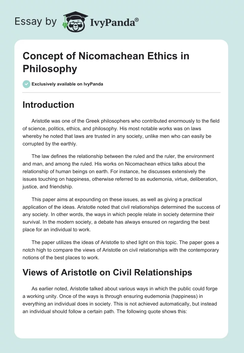 Concept of Nicomachean Ethics in Philosophy. Page 1