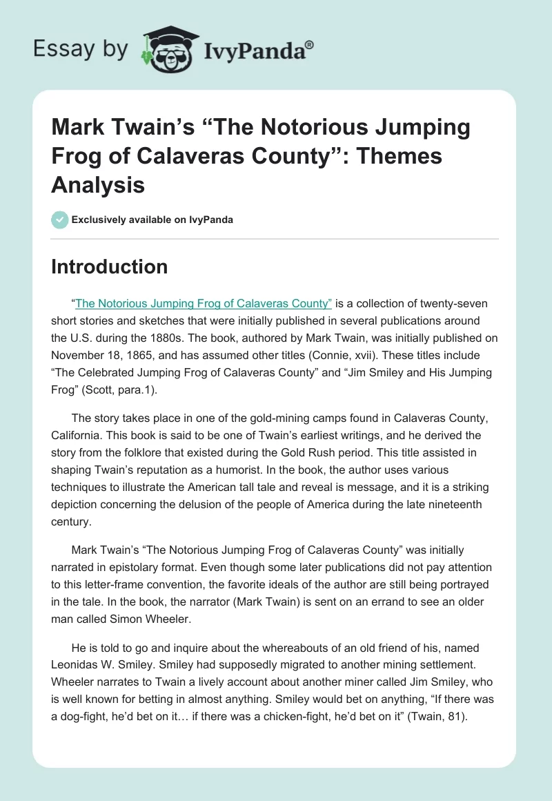 Mark Twain’s “The Notorious Jumping Frog of Calaveras County”: Themes Analysis. Page 1