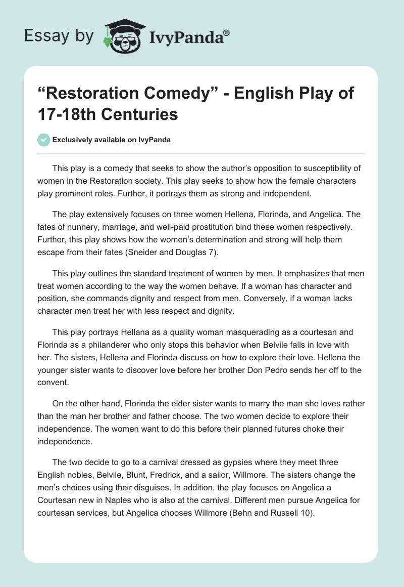 “Restoration Comedy” - English Play of 17-18th Centuries. Page 1