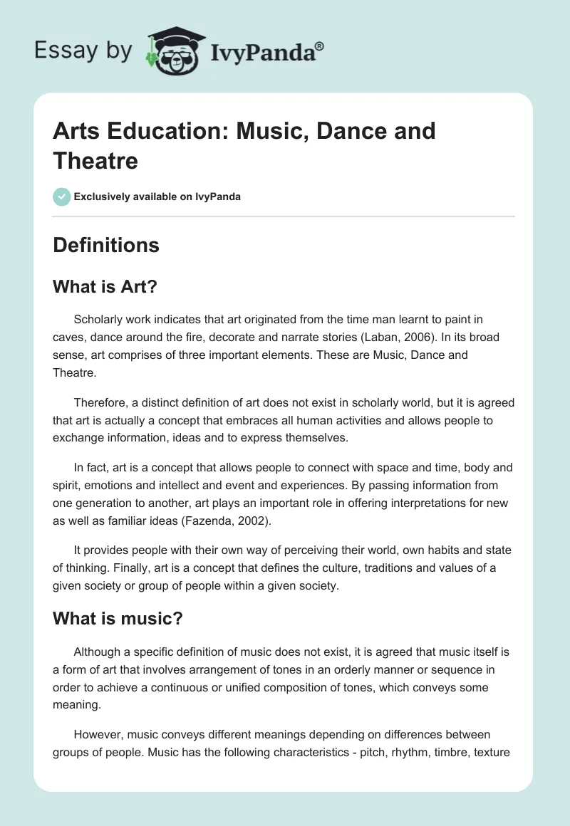 Arts Education: Music, Dance and Theatre. Page 1