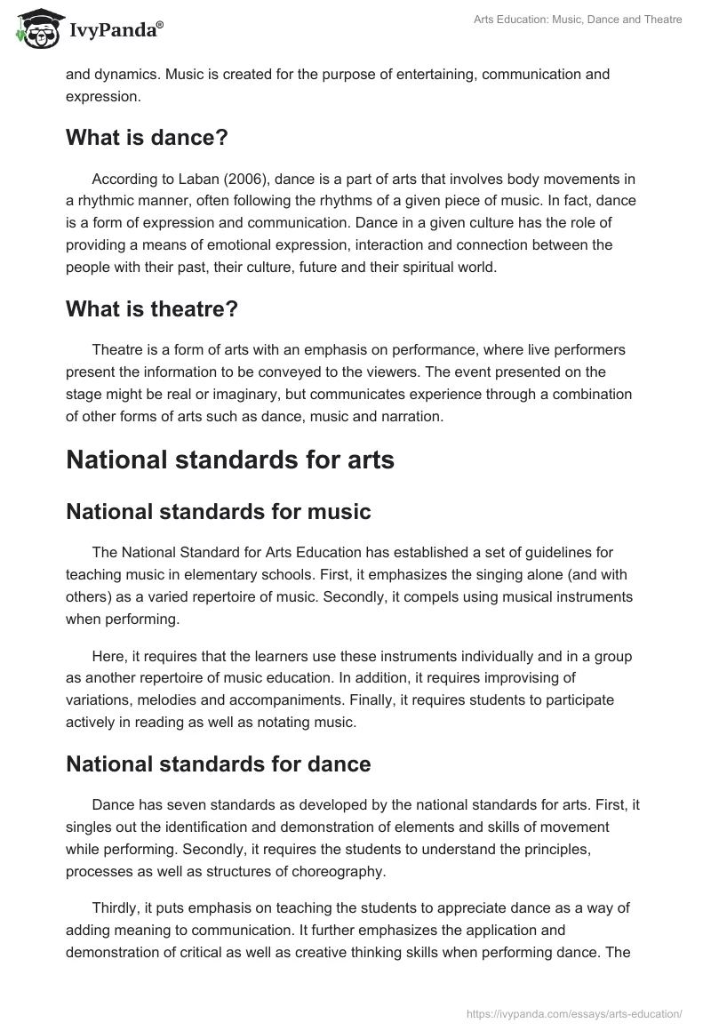 Arts Education: Music, Dance and Theatre. Page 2